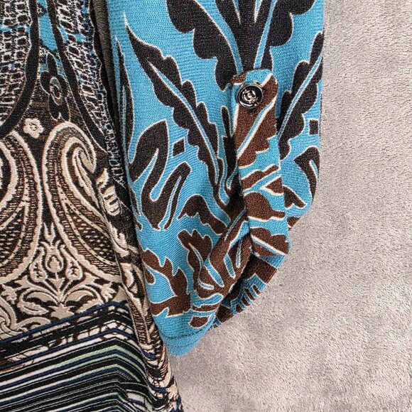 Womens Winwin Tunic Top Blue Brown Paisley Print V Neck Roll Tab Sleeve S/M - Picture 3 of 9